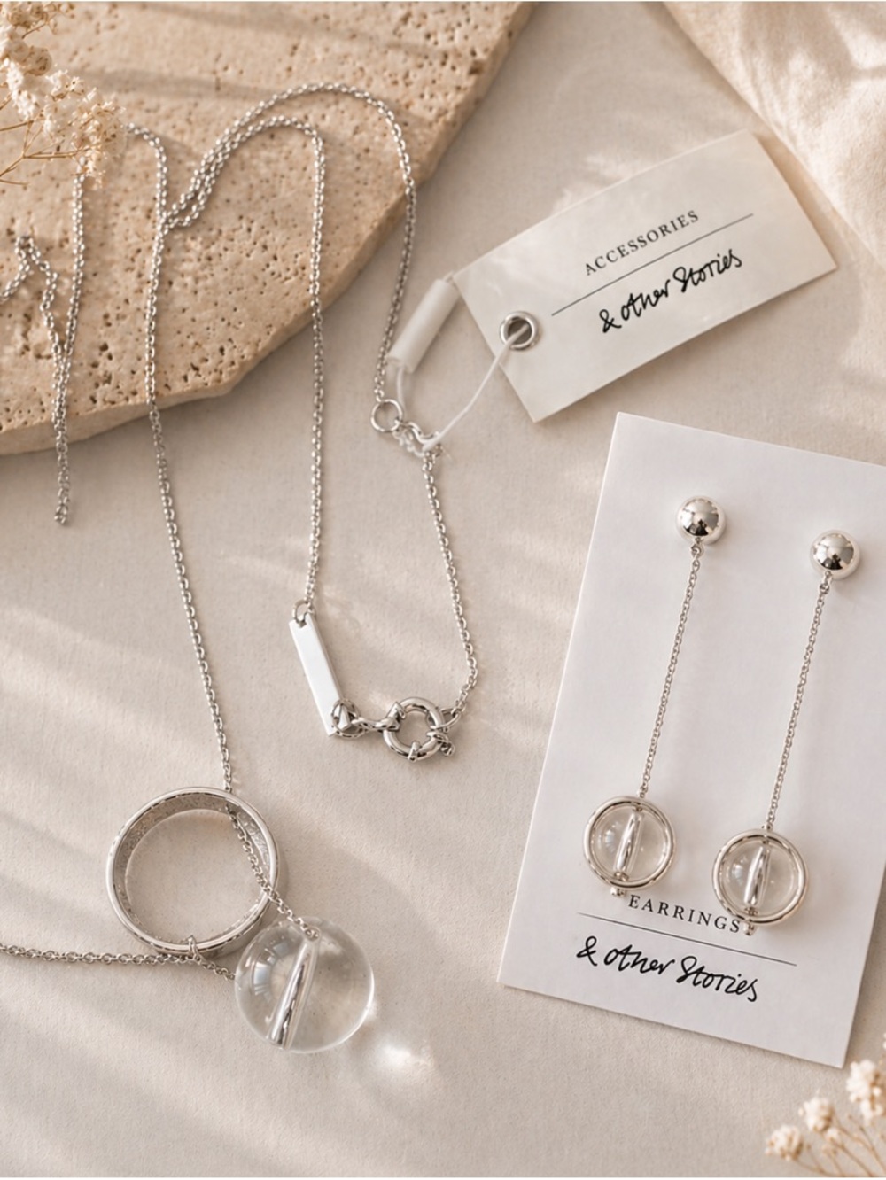 & OTHER STORIES Set of ORB PENDANT EARRINGS SILVER & Clear and Matched Necklace